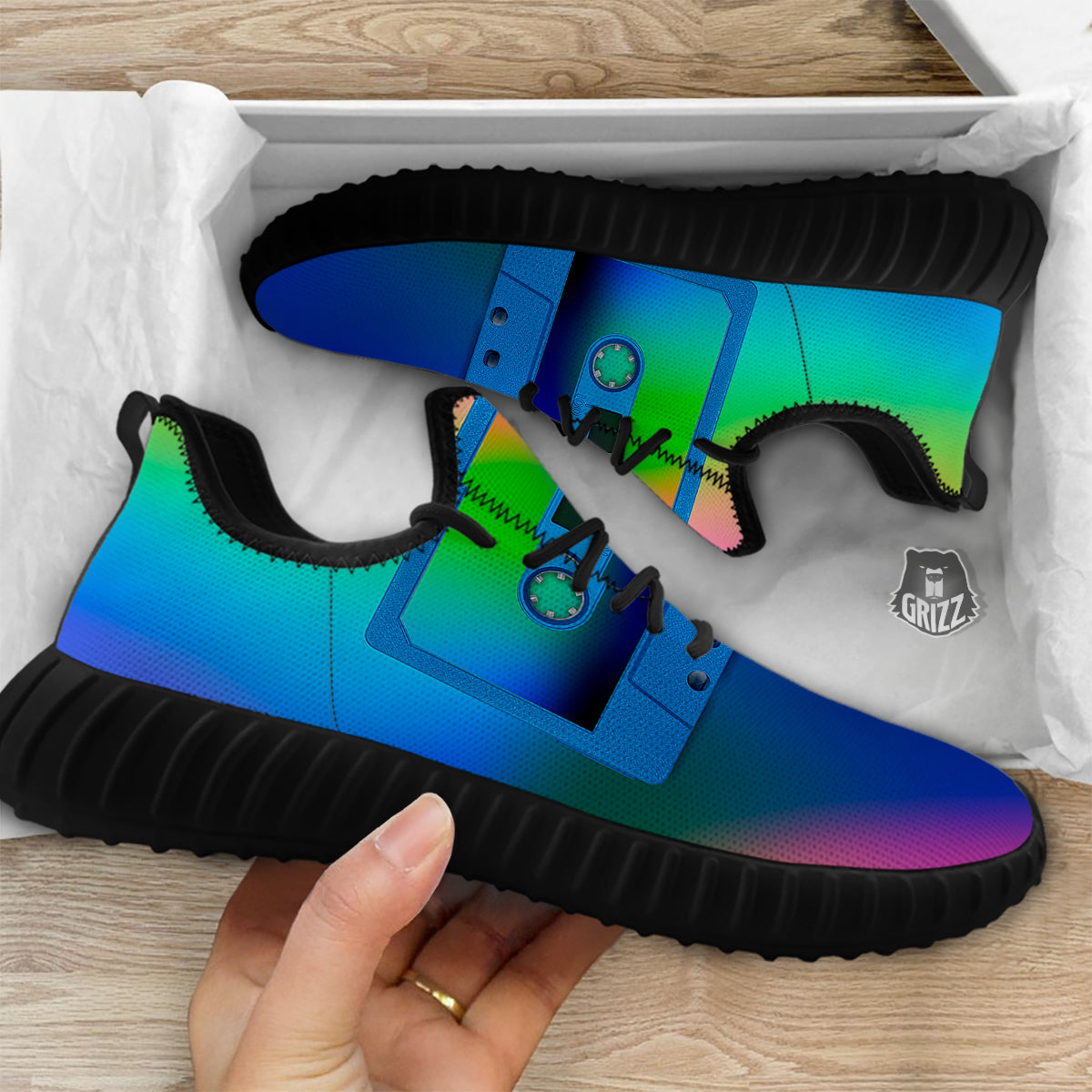 Cassette Tape Colorful Print Black Walking Shoes-grizzshop