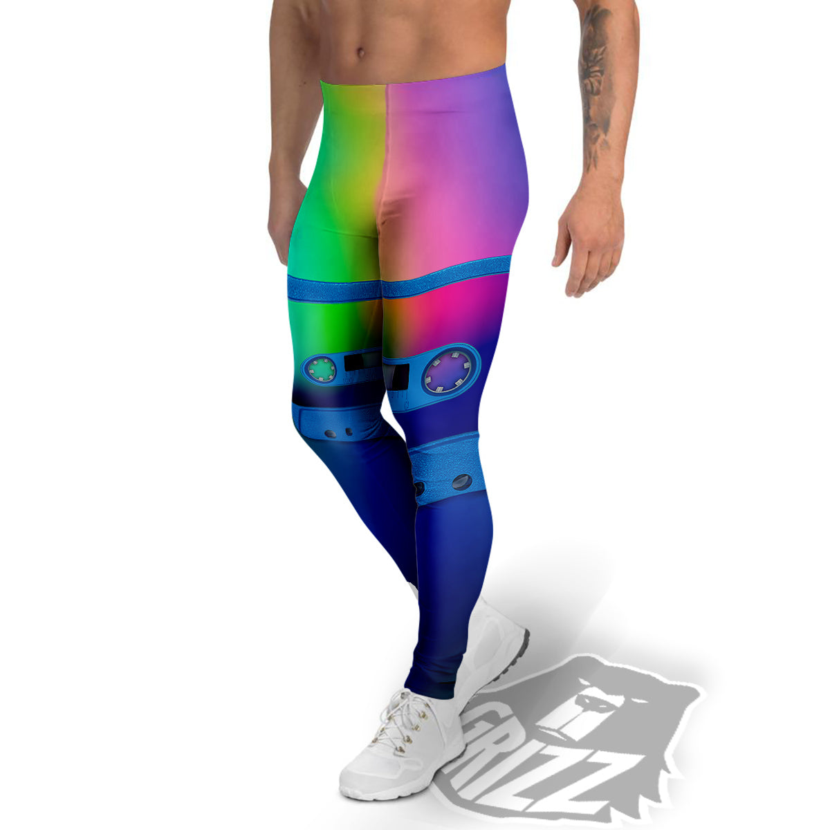 Cassette Tape Colorful Print Men's Leggings-grizzshop