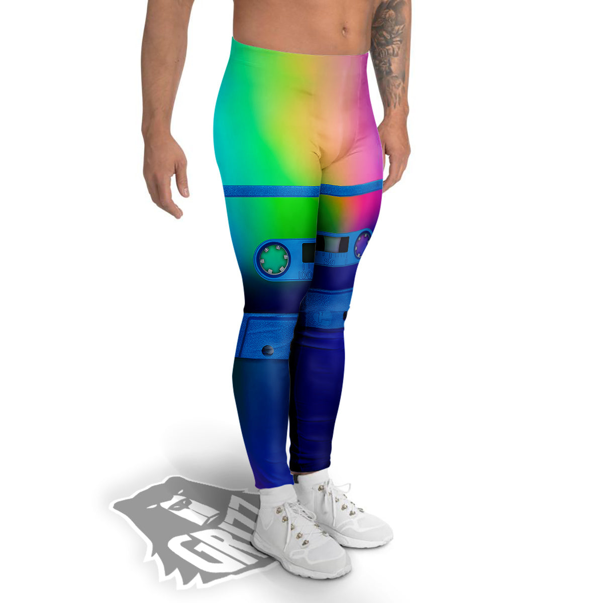 Cassette Tape Colorful Print Men's Leggings-grizzshop