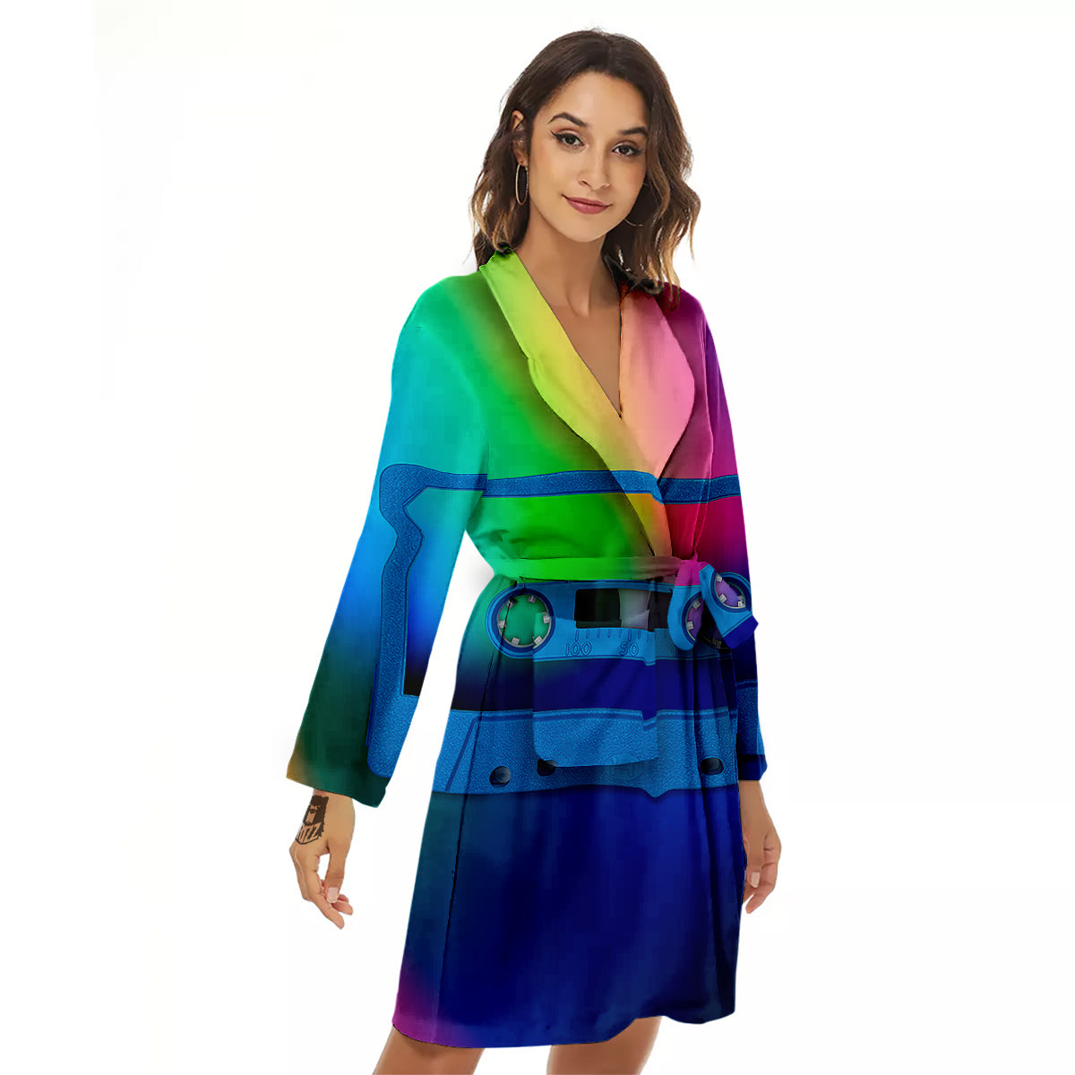 Cassette Tape Colorful Print Women's Robe-grizzshop