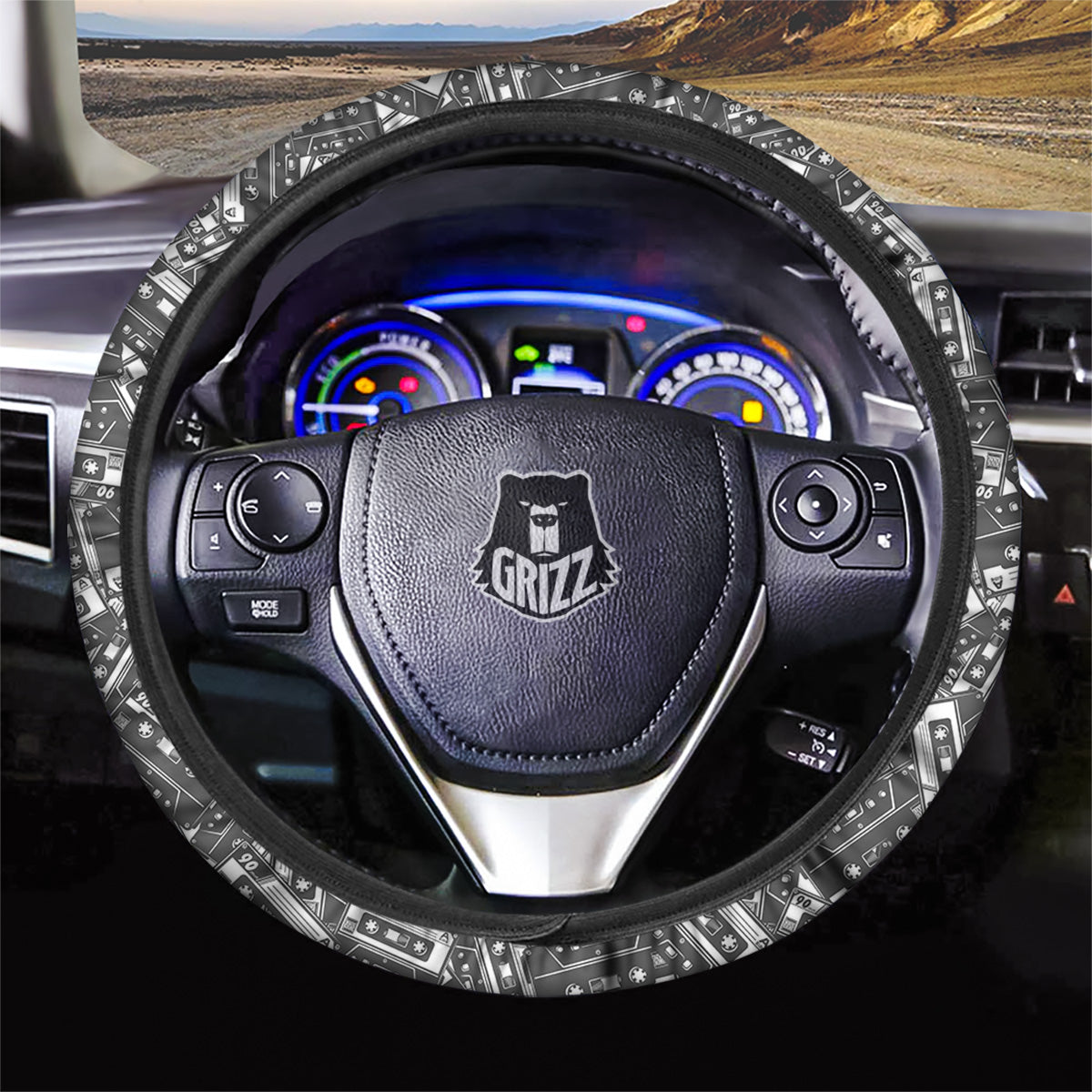 Cassette Tape Monochrome Print Pattern Car Steering Wheel Cover-grizzshop