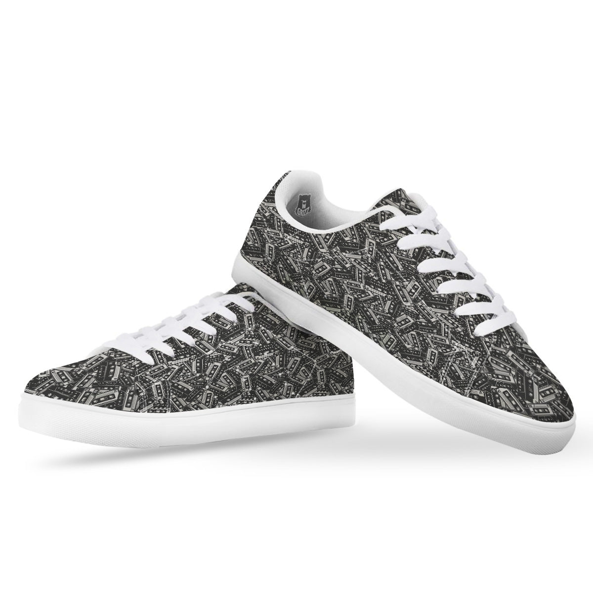 Cassette Tape Monochrome Print Pattern White Low Top Sneakers-grizzshop