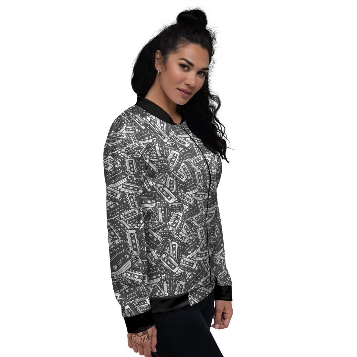 Cassette Tape Monochrome Print Pattern Women's Bomber Jacket-grizzshop
