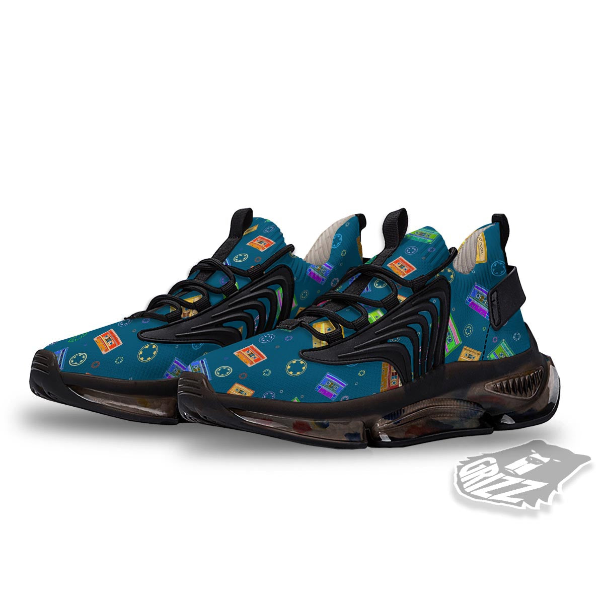 Cassette Tape Retro Print Pattern Black Gym Shoes-grizzshop