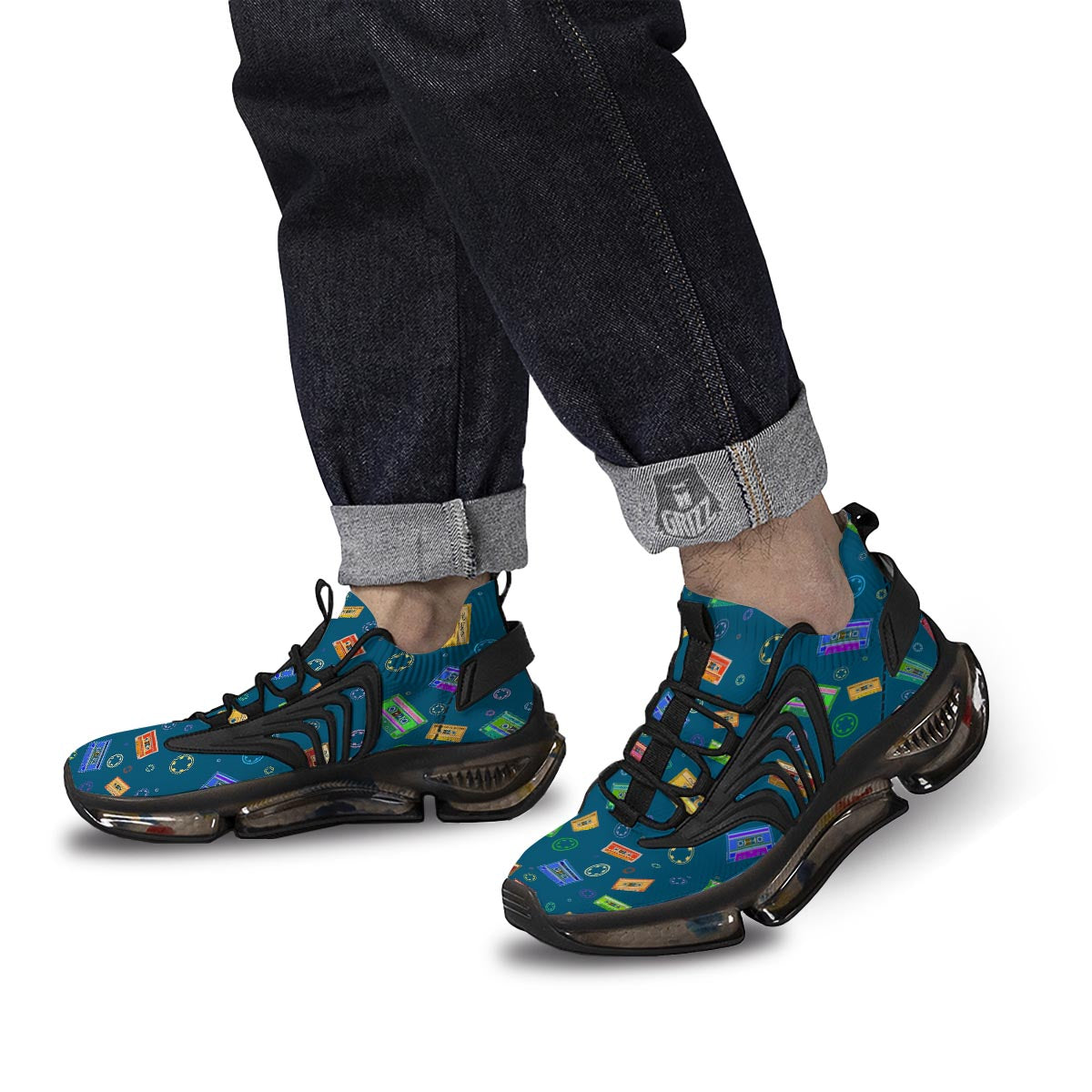 Cassette Tape Retro Print Pattern Black Gym Shoes-grizzshop