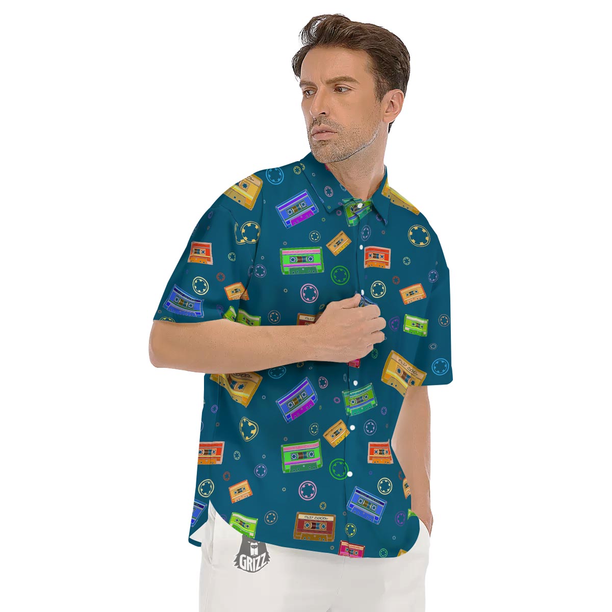 Cassette Tape Retro Print Pattern Men's Short Sleeve Shirts-grizzshop