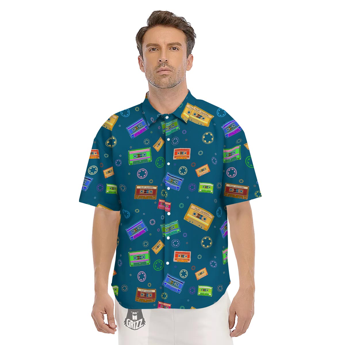 Cassette Tape Retro Print Pattern Men's Short Sleeve Shirts-grizzshop