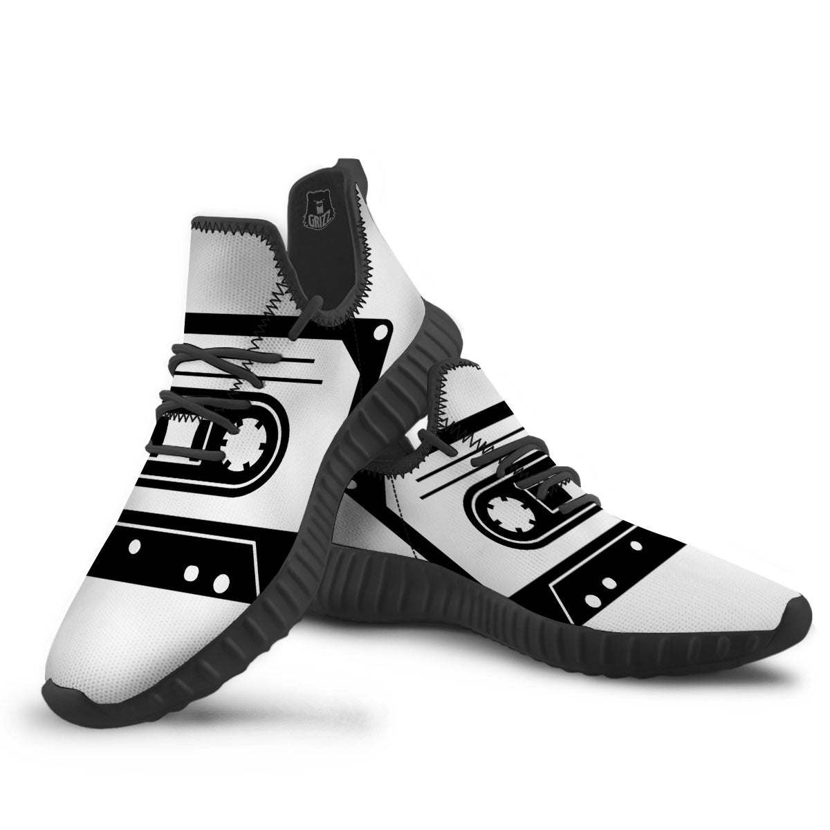 Cassette Tape White And Black Print Black Walking Shoes-grizzshop