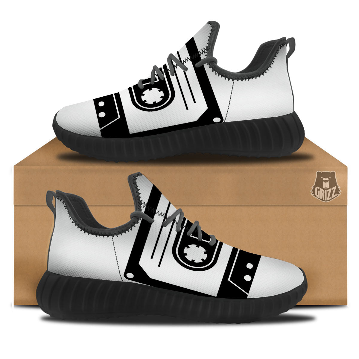 Cassette Tape White And Black Print Black Walking Shoes-grizzshop
