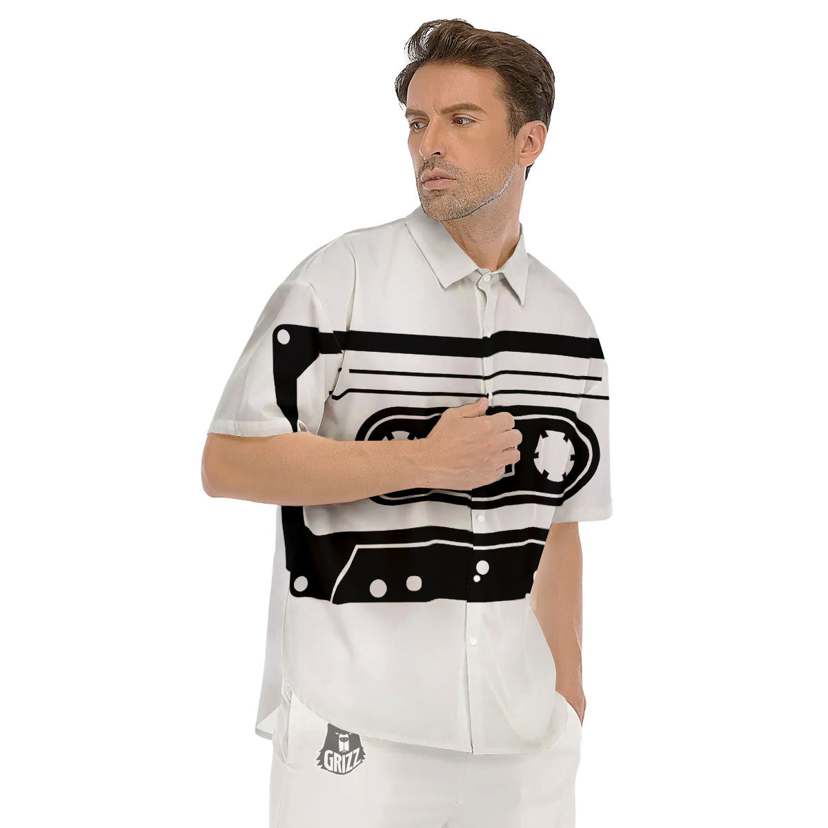 Cassette Tape White And Black Print Men's Short Sleeve Shirts-grizzshop