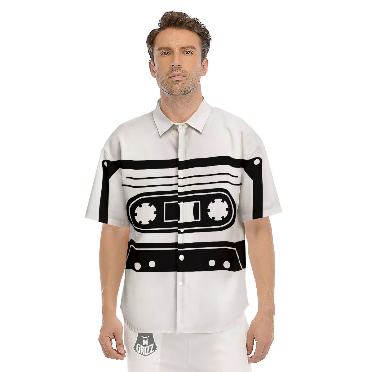 Cassette Tape White And Black Print Men's Short Sleeve Shirts-grizzshop