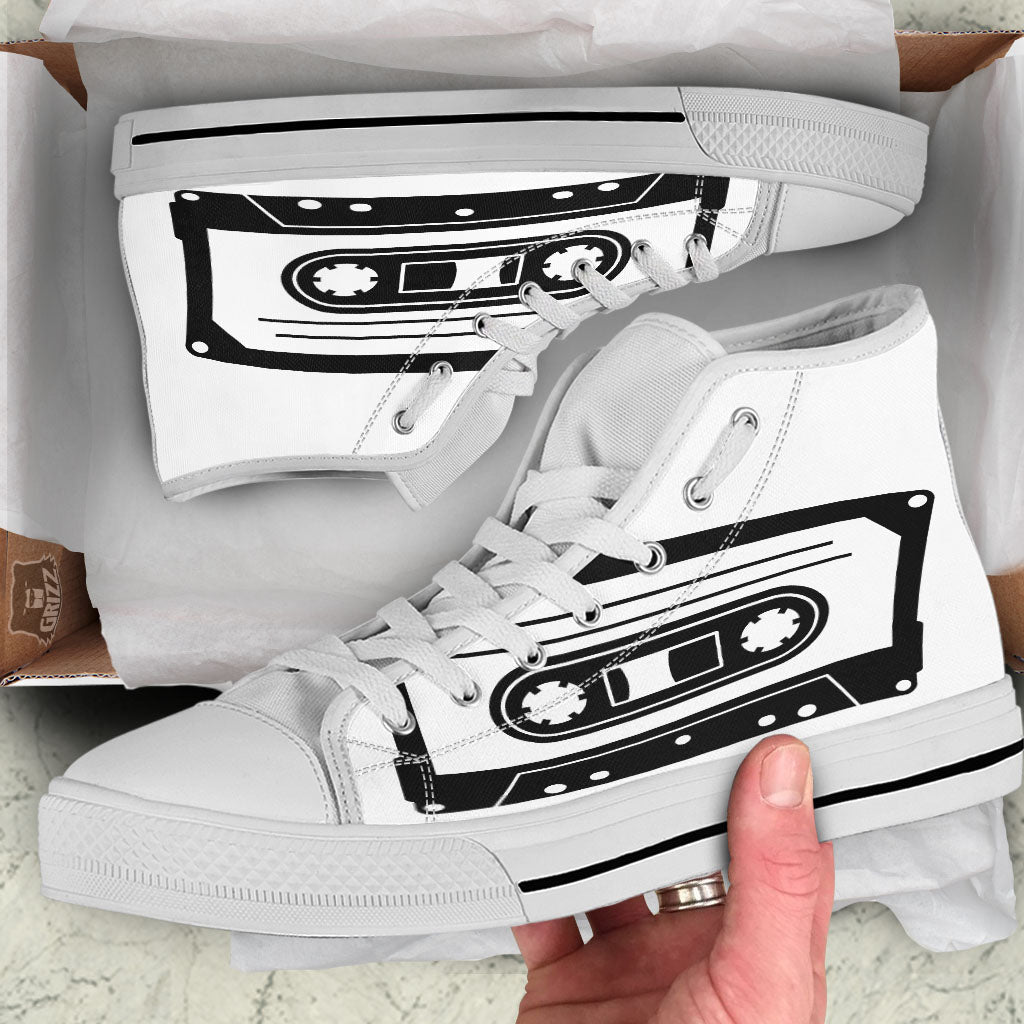 Cassette Tape White And Black Print White High Top Shoes-grizzshop