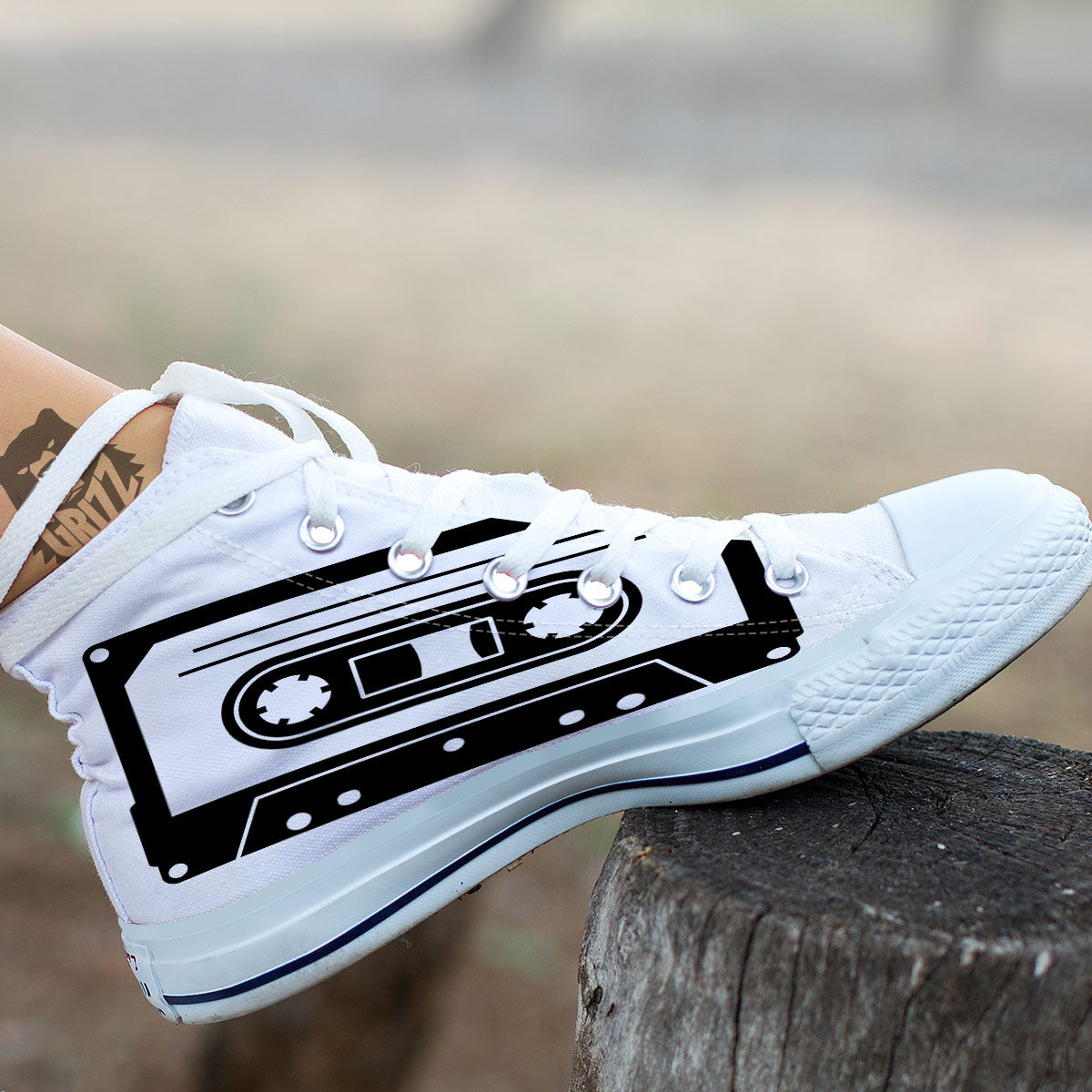 Cassette Tape White And Black Print White High Top Shoes-grizzshop
