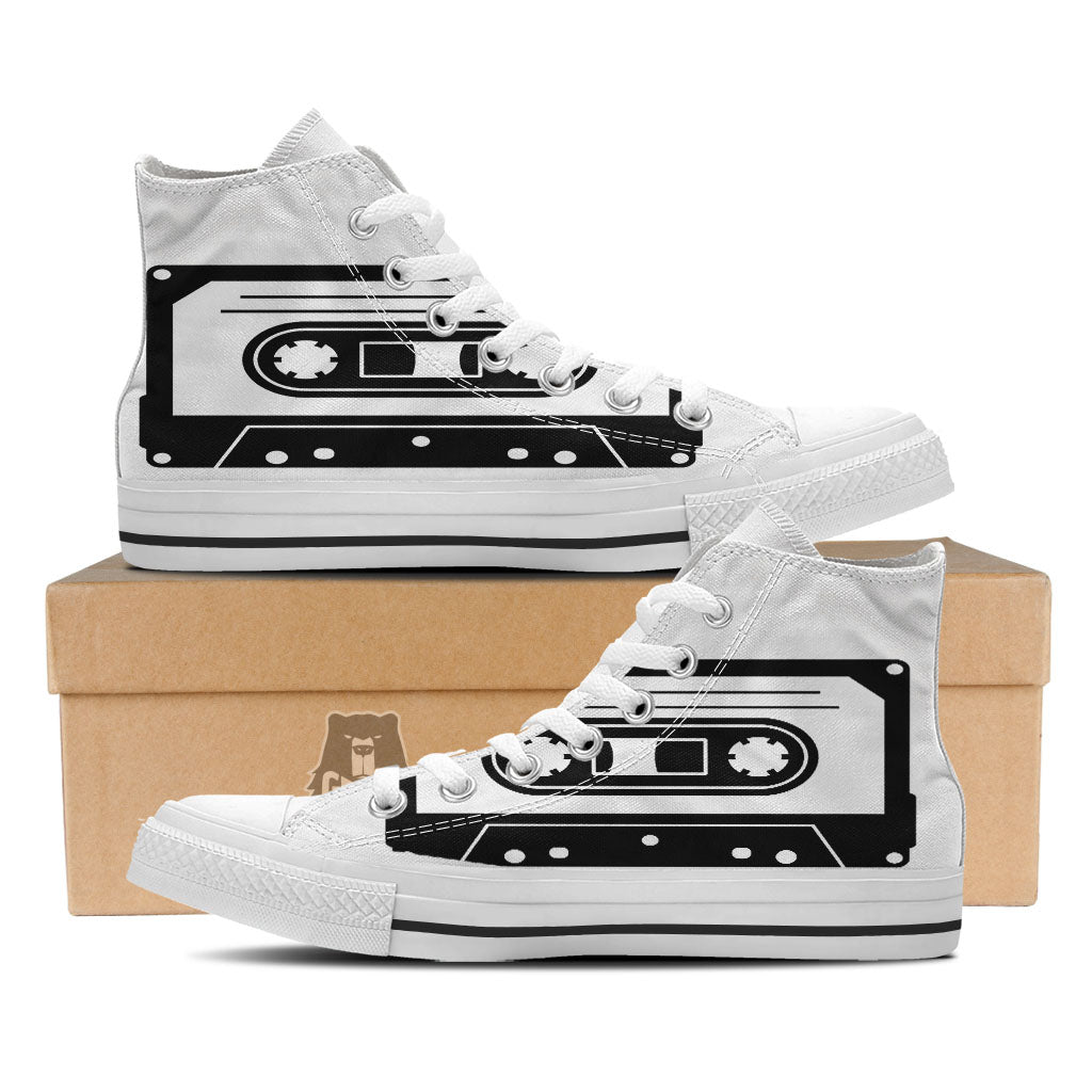 Cassette Tape White And Black Print White High Top Shoes-grizzshop