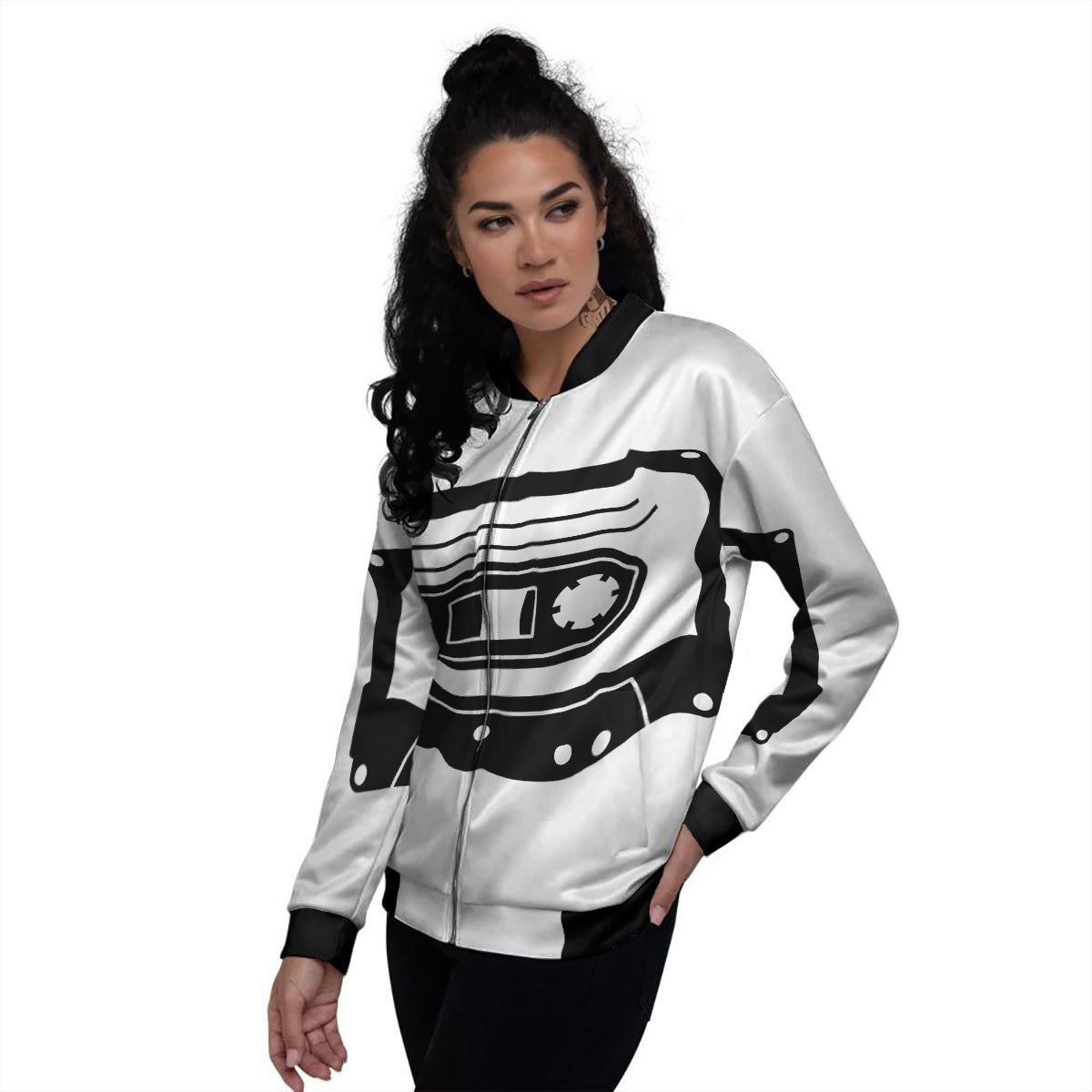 Cassette Tape White And Black Print Women's Bomber Jacket-grizzshop