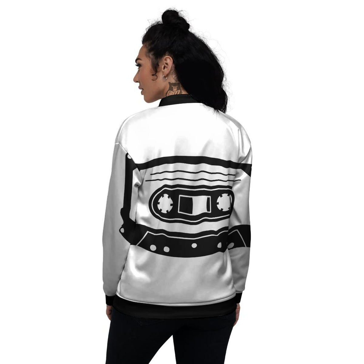 Cassette Tape White And Black Print Women's Bomber Jacket-grizzshop