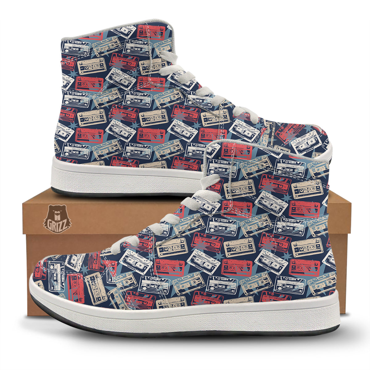 Cassette Vintage Print Pattern High Top Sneakers-grizzshop
