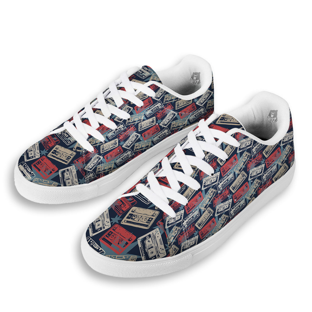 Cassette Vintage Print Pattern White Low Top Sneakers-grizzshop