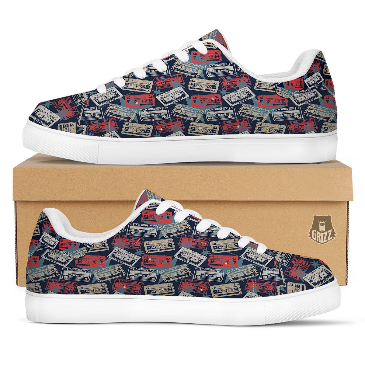 Cassette Vintage Print Pattern White Low Top Sneakers-grizzshop