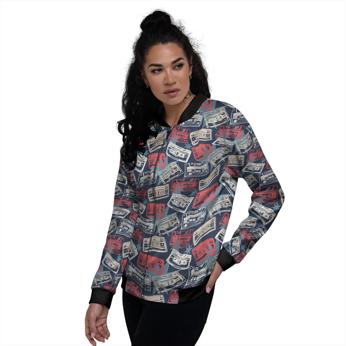 Cassette Vintage Print Pattern Women's Bomber Jacket-grizzshop