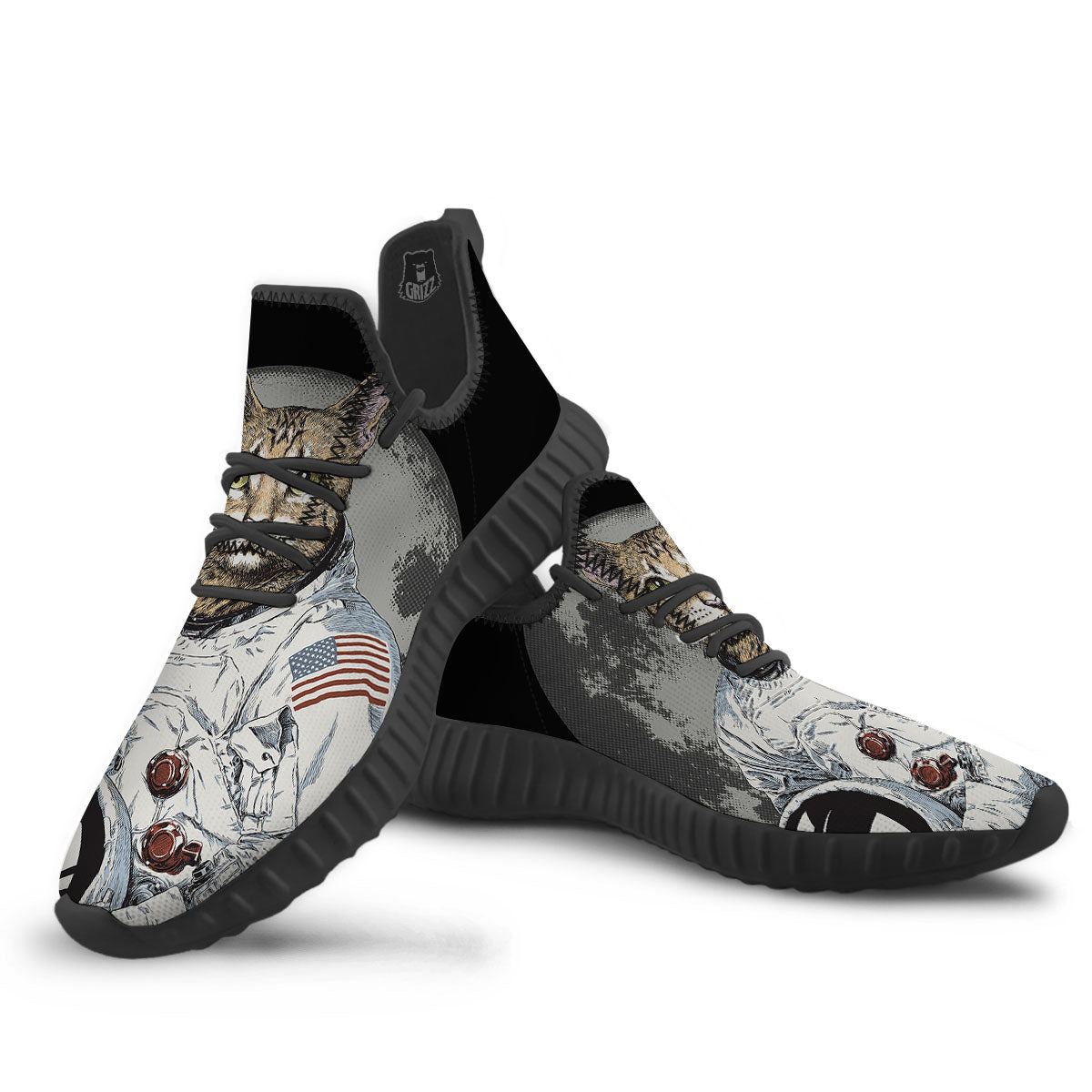 Cat American Astronaut On The Moon Print Black Walking Shoes-grizzshop