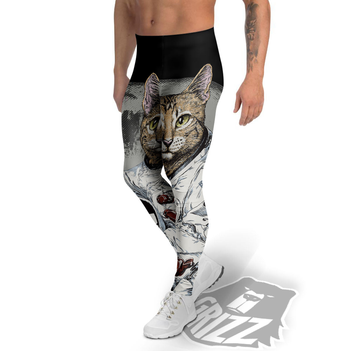 Cat American Astronaut On The Moon Print Men's Leggings-grizzshop