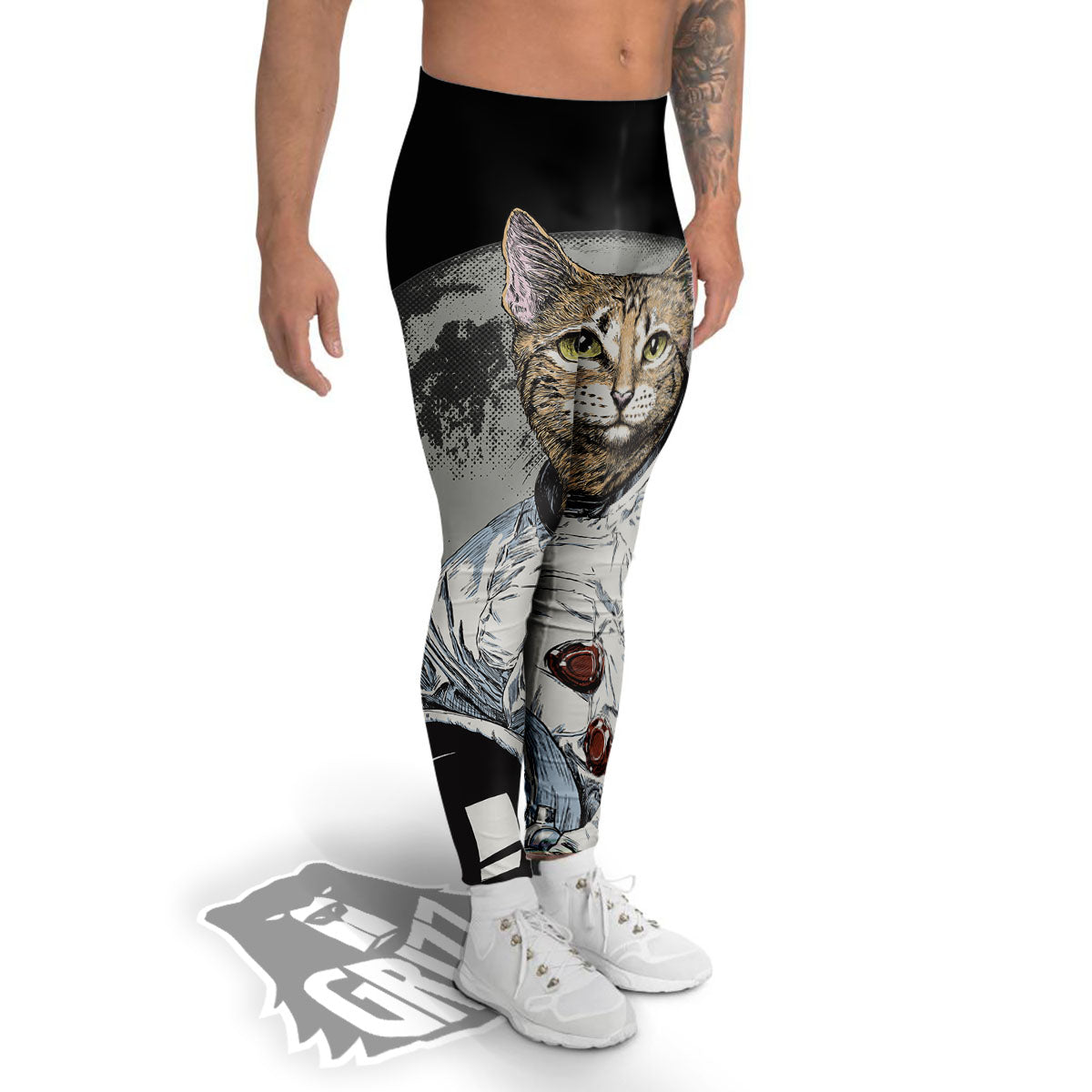 Cat American Astronaut On The Moon Print Men's Leggings-grizzshop