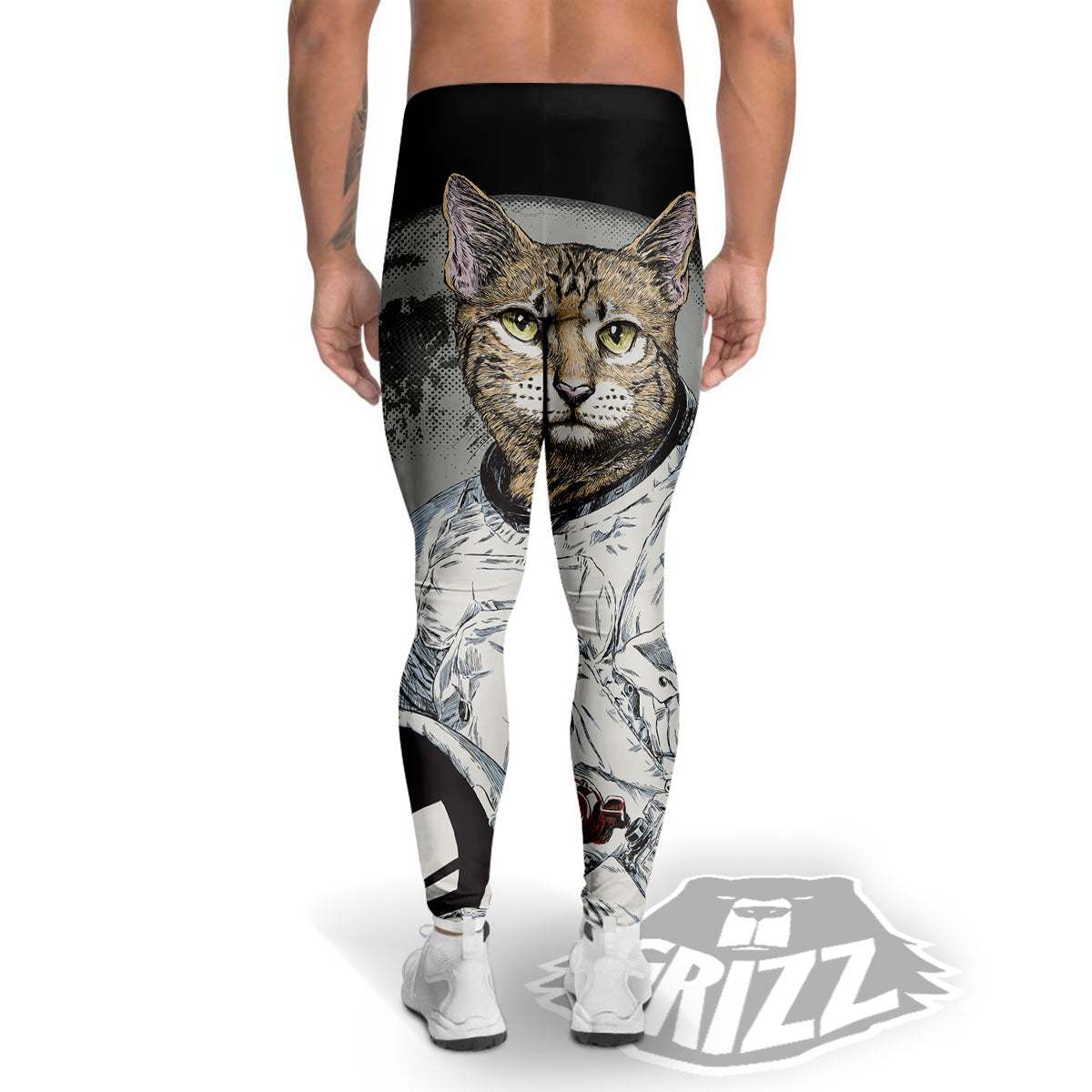 Cat American Astronaut On The Moon Print Men's Leggings-grizzshop
