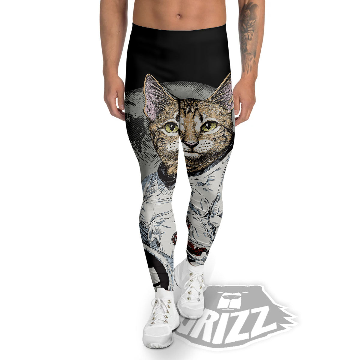 Cat American Astronaut On The Moon Print Men's Leggings-grizzshop