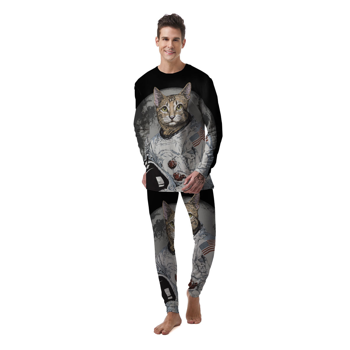 Cat American Astronaut On The Moon Print Men's Pajamas-grizzshop