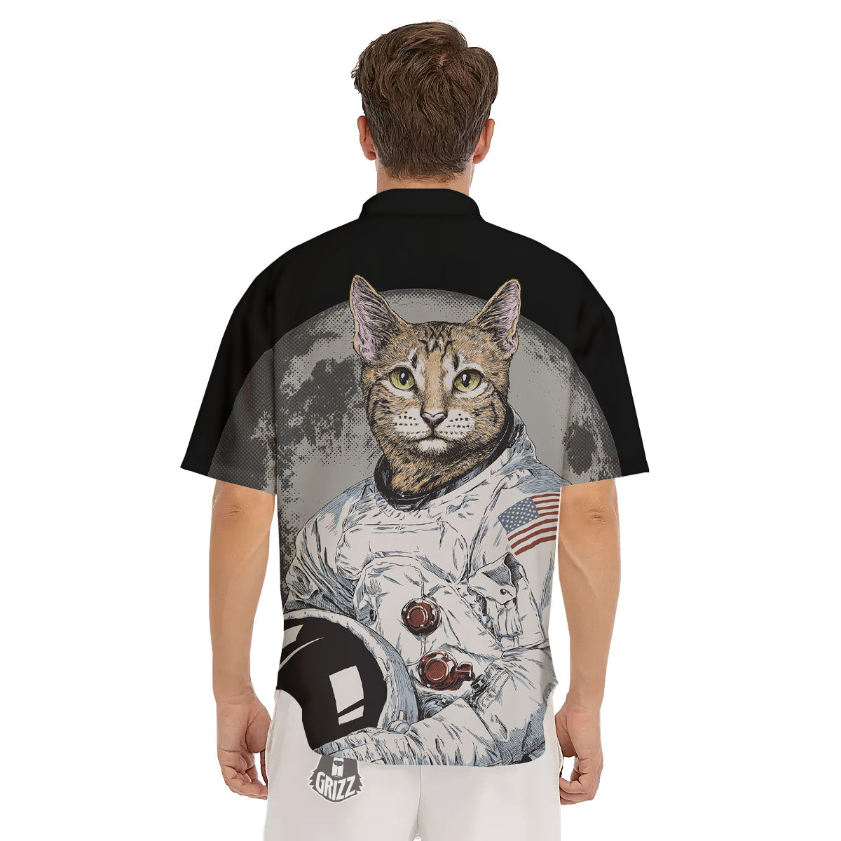 Cat American Astronaut On The Moon Print Men's Short Sleeve Shirts-grizzshop