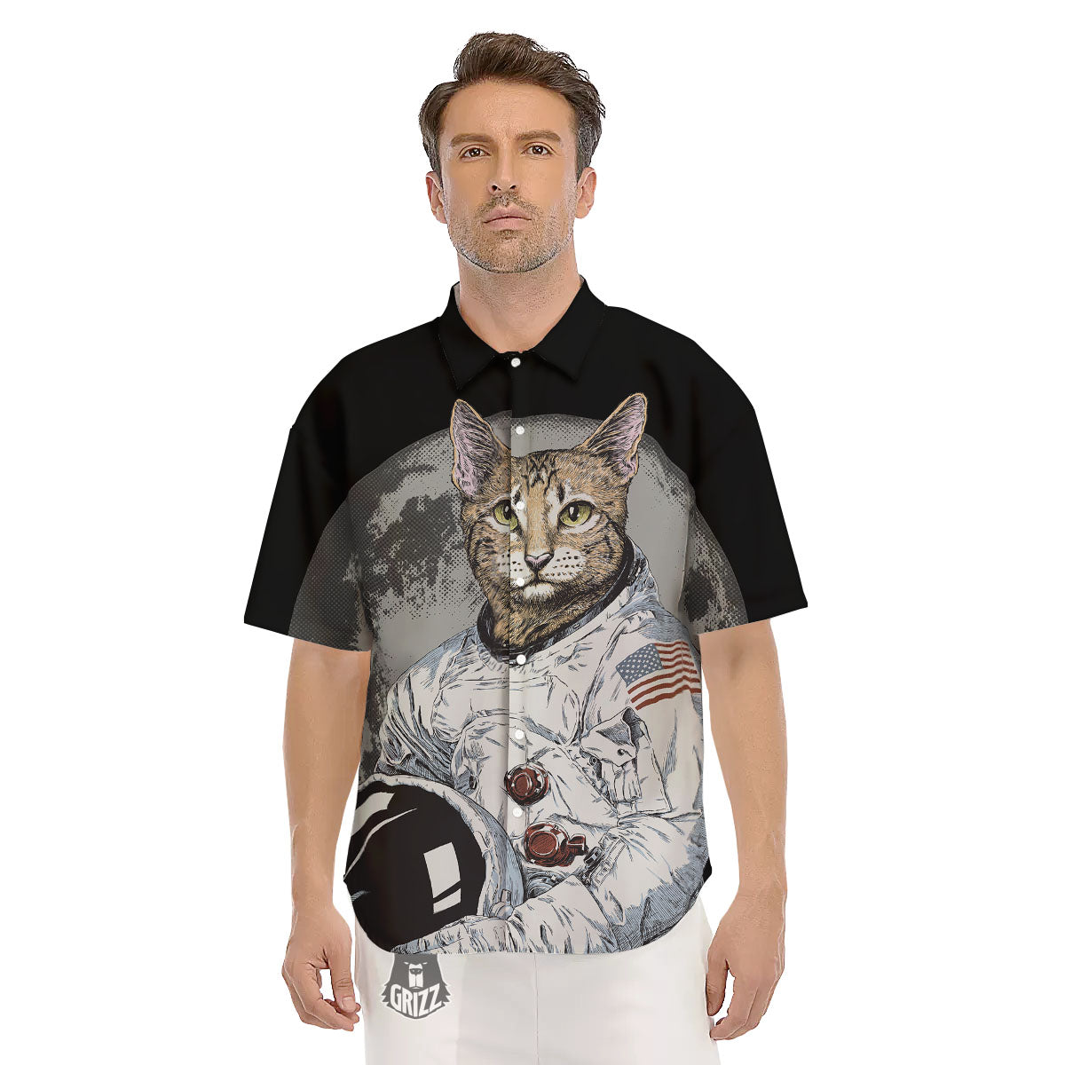 Cat American Astronaut On The Moon Print Men's Short Sleeve Shirts-grizzshop