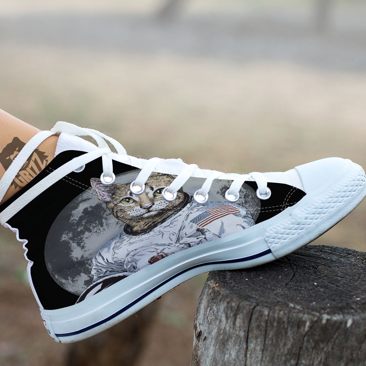 Cat American Astronaut On The Moon Print White High Top Shoes-grizzshop