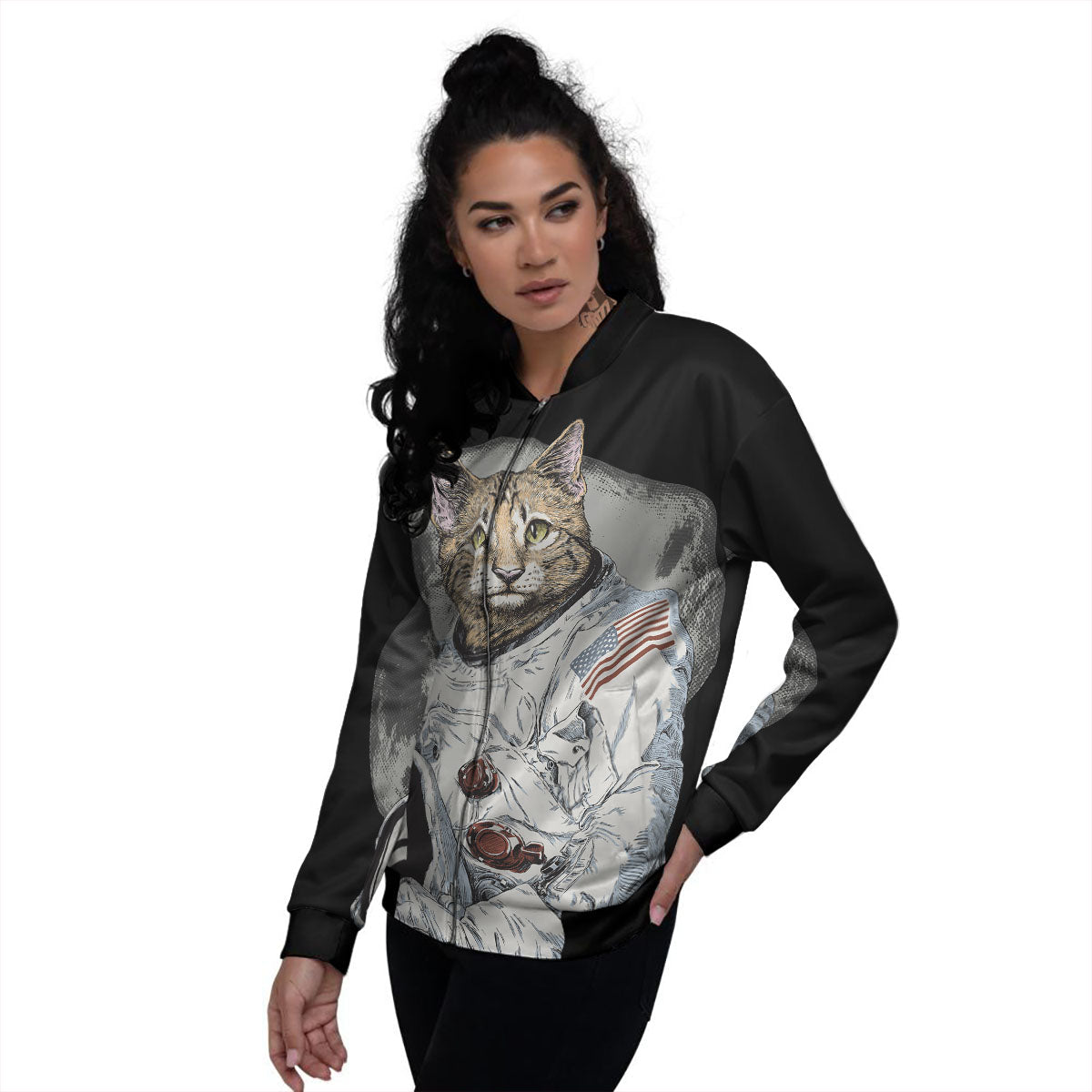 Cat American Astronaut On The Moon Print Women's Bomber Jacket-grizzshop