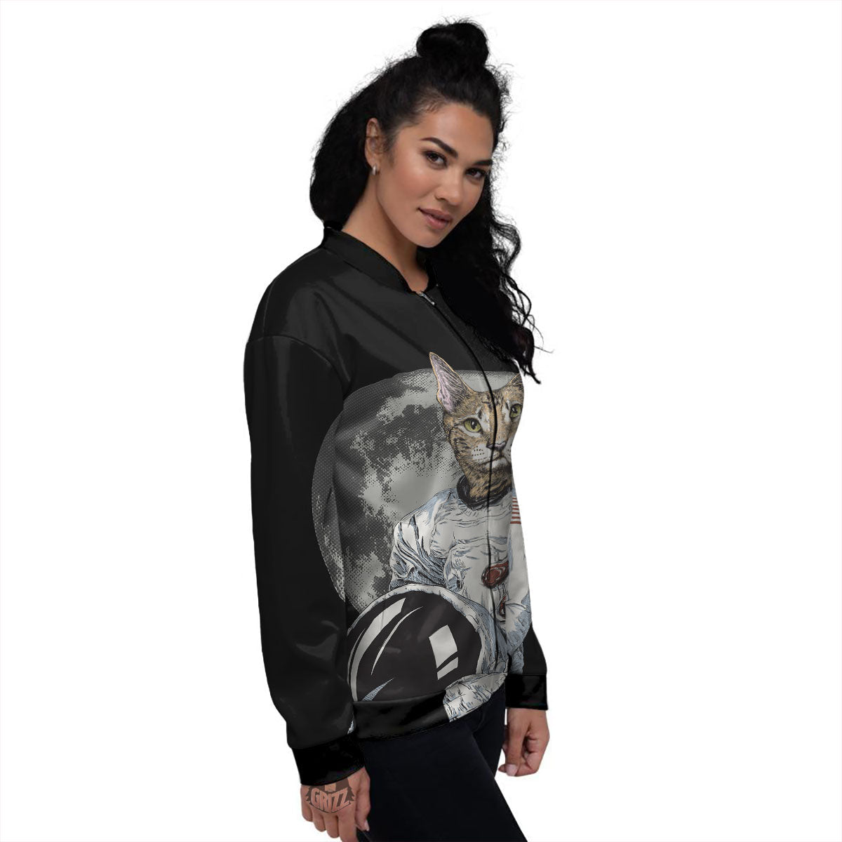 Cat American Astronaut On The Moon Print Women's Bomber Jacket-grizzshop