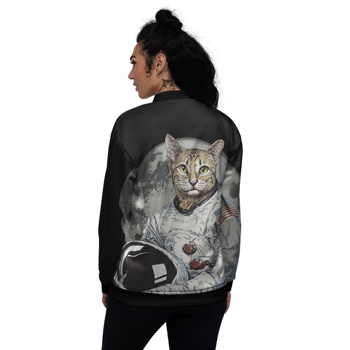 Cat American Astronaut On The Moon Print Women's Bomber Jacket-grizzshop