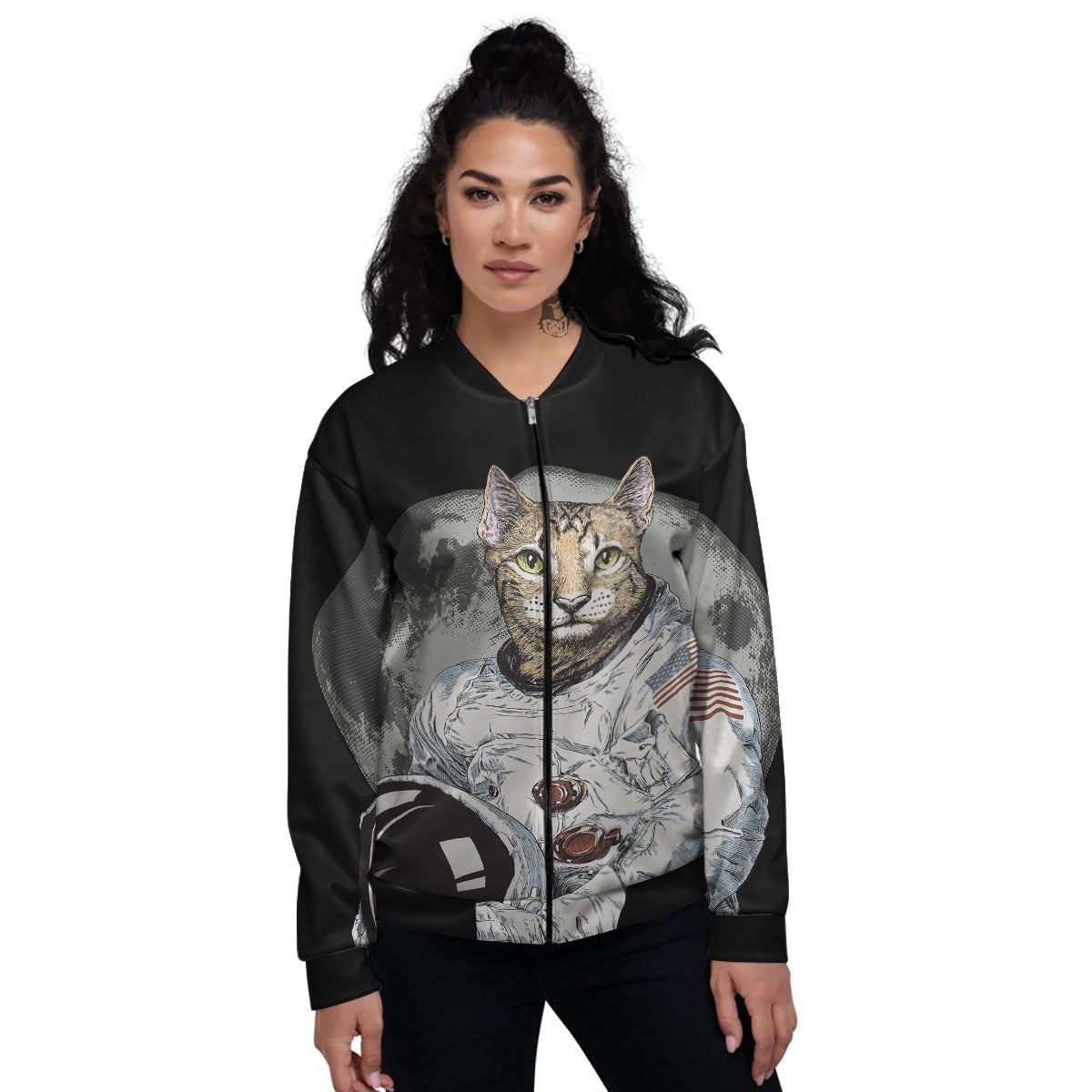 Cat American Astronaut On The Moon Print Women's Bomber Jacket-grizzshop