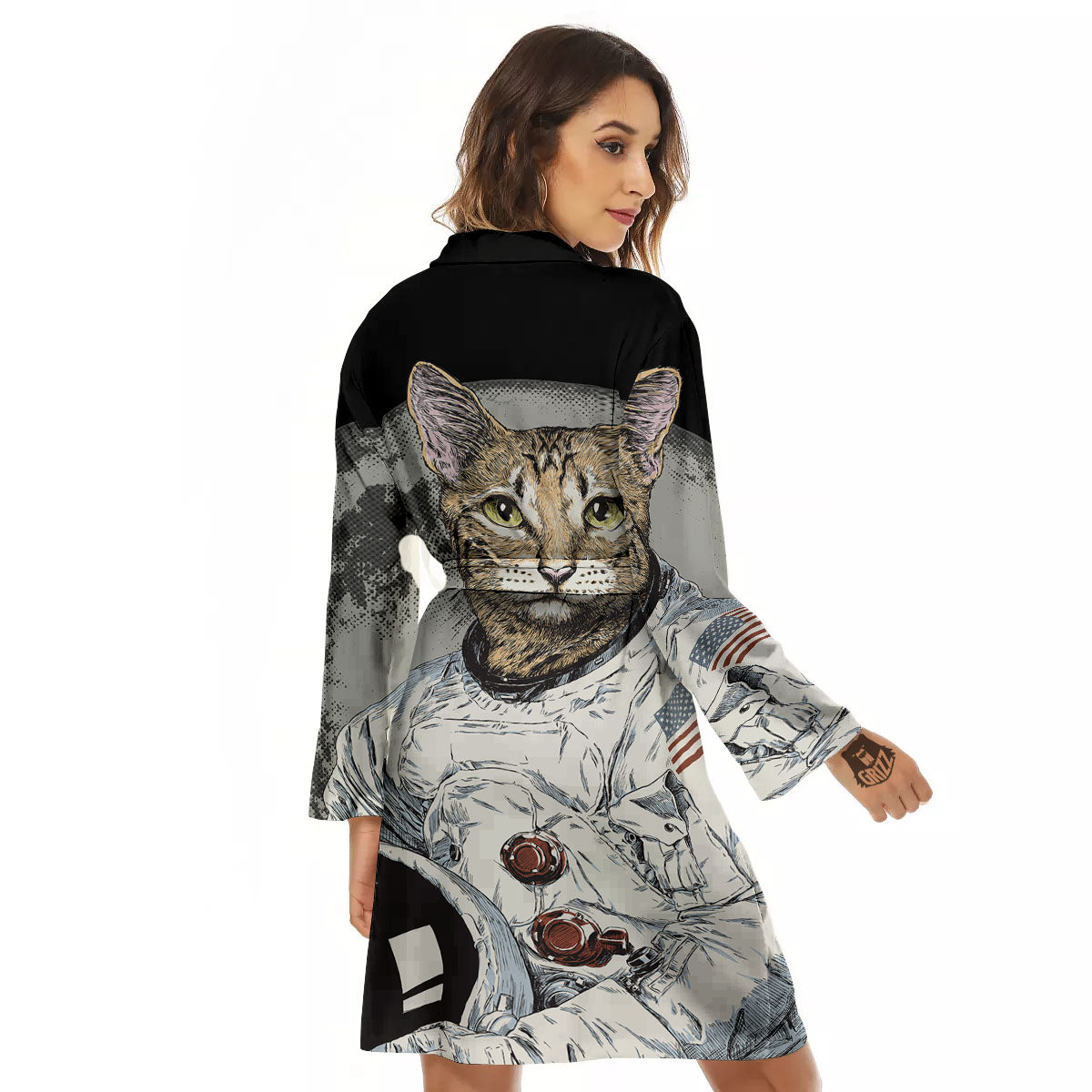 Cat American Astronaut On The Moon Print Women's Robe-grizzshop