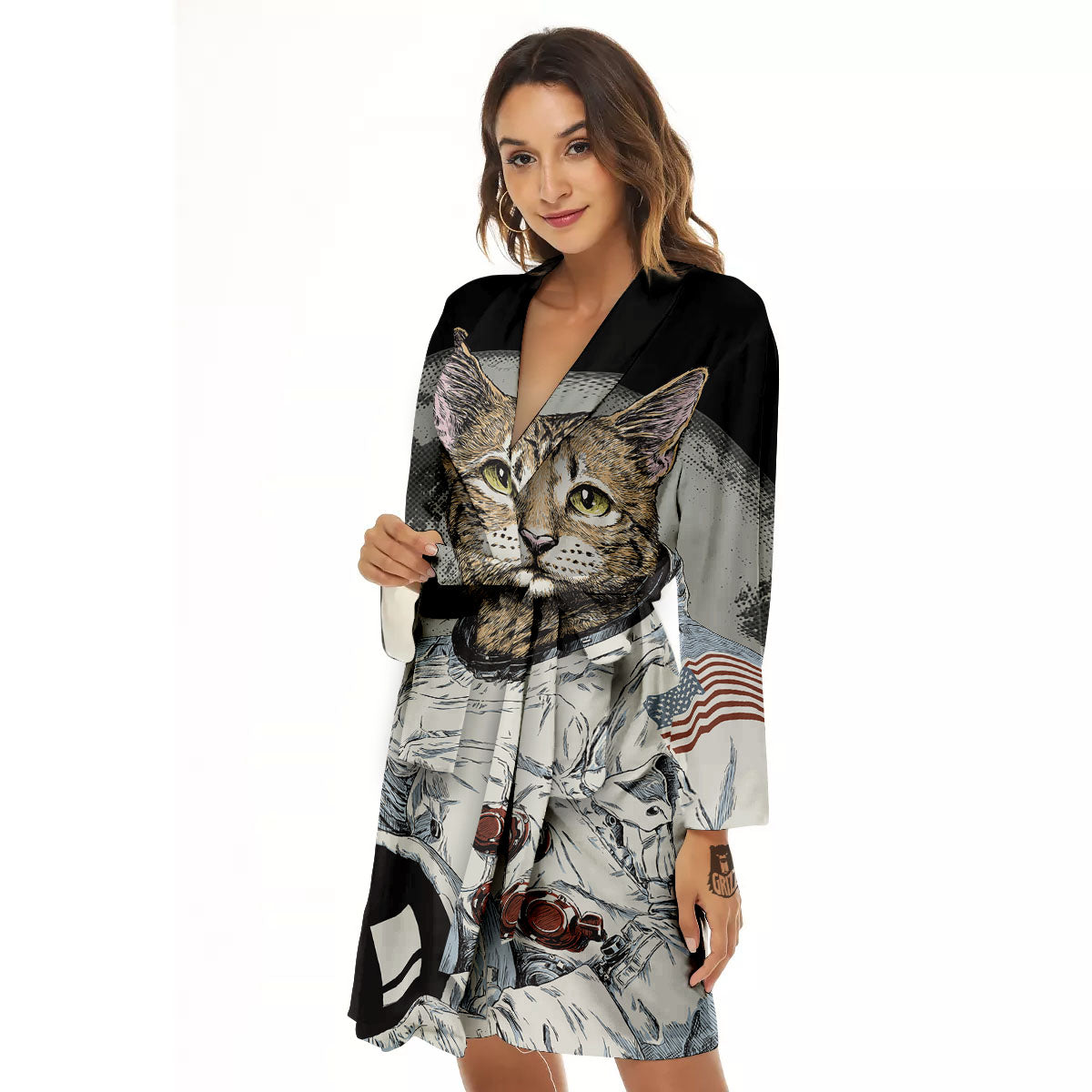 Cat American Astronaut On The Moon Print Women's Robe-grizzshop