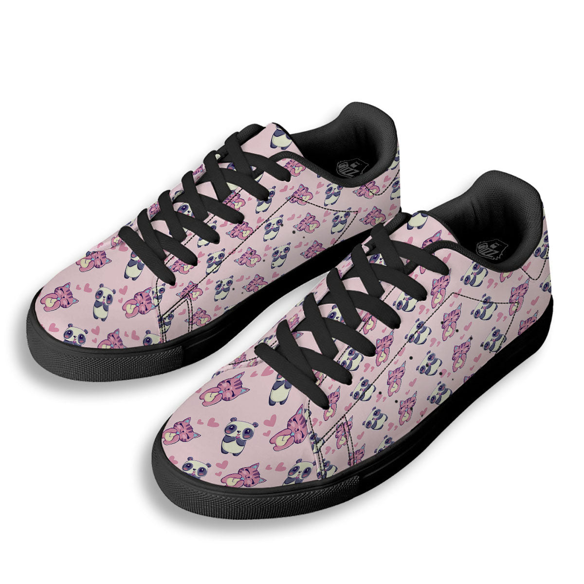 Cat And Panda Lover Print Pattern Black Low Top Sneakers-grizzshop