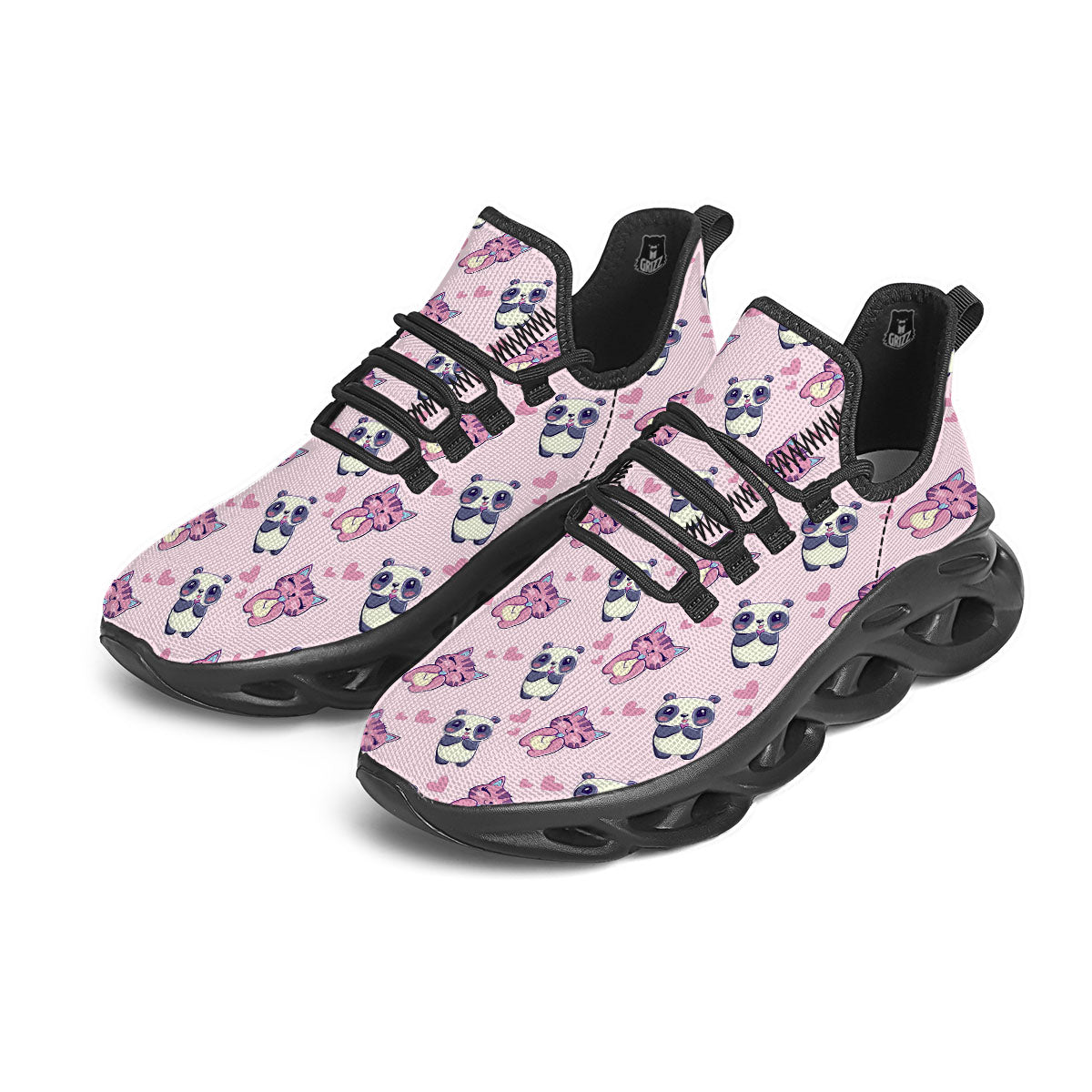 Cat And Panda Lover Print Pattern Black Running Shoes-grizzshop