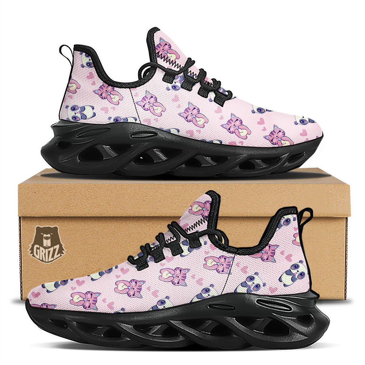 Cat And Panda Lover Print Pattern Black Running Shoes-grizzshop