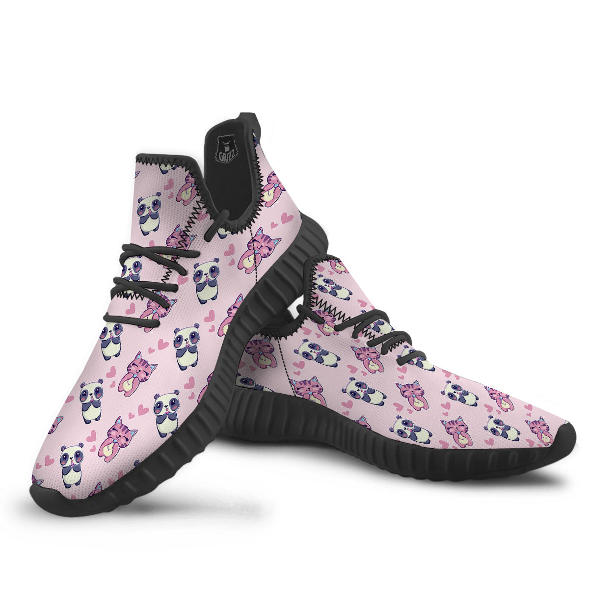 Cat And Panda Lover Print Pattern Black Walking Shoes-grizzshop
