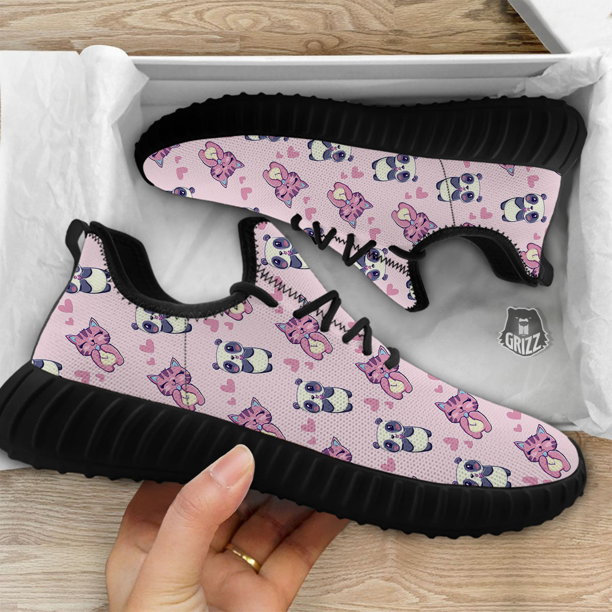 Cat And Panda Lover Print Pattern Black Walking Shoes-grizzshop