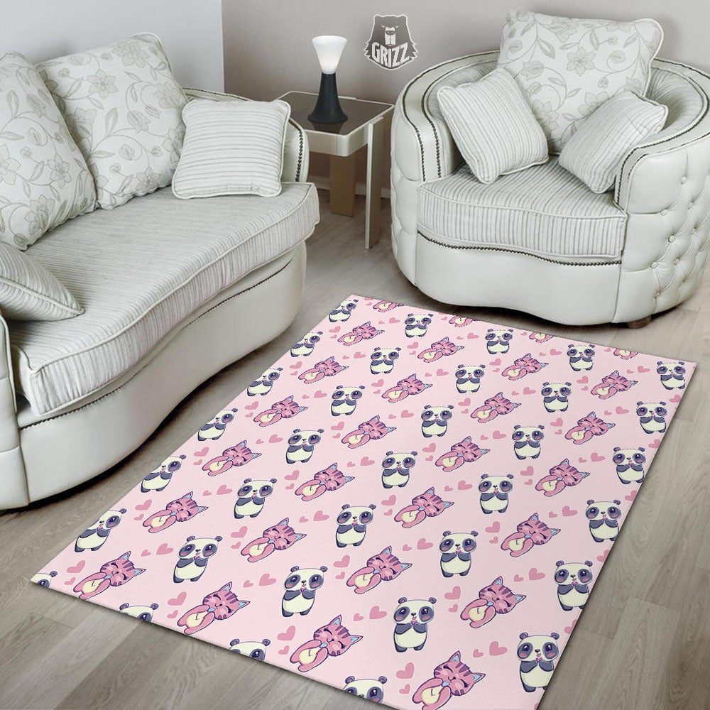 Cat And Panda Lover Print Pattern Floor Mat-grizzshop