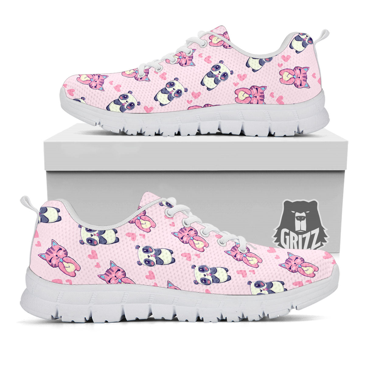 Cat And Panda Lover Print Pattern White Sneaker-grizzshop