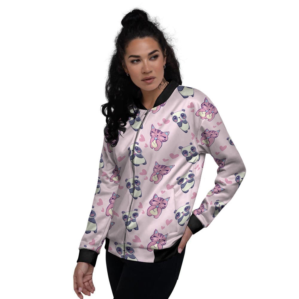 Cat And Panda Lover Print Pattern Women's Bomber Jacket-grizzshop