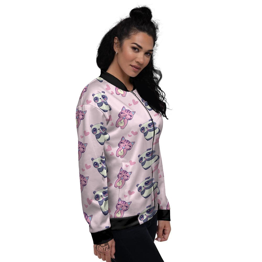 Cat And Panda Lover Print Pattern Women's Bomber Jacket-grizzshop