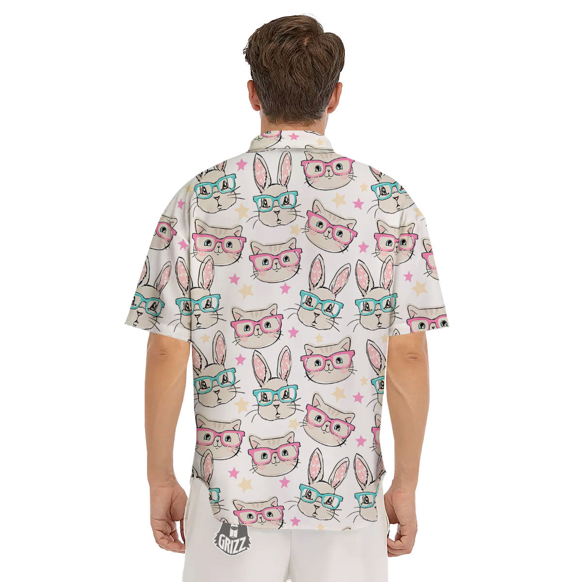 Cat And Rabbit Print Pattern Men's Short Sleeve Shirts-grizzshop