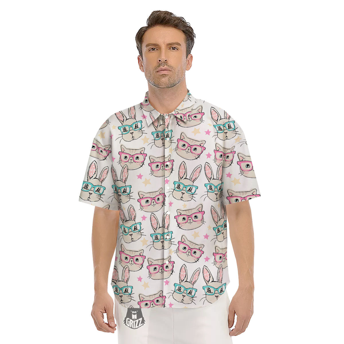 Cat And Rabbit Print Pattern Men's Short Sleeve Shirts-grizzshop